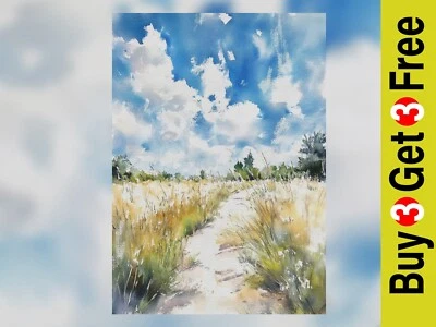 Golden Field Path 5"x7" Print on Matte Paper | Radiant Nature Watercolor Scene - Image 1 of 4
