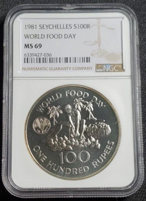Moneda de 100 rupias sin circular de la FAO Seychelles 1981 Día Mundial de la Alimentación - NGC MS 69 Foto 1 de 4
