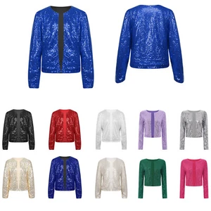 Women Sequin Casual Blazer Long Sleeve Open Front Shrug Cropped Jacket Clubwear - Picture 1 of 135