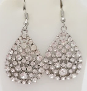 Bling Teardrop Rhinestones Silver Tone Dangle Drop Earrings 2" L - Picture 1 of 7