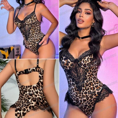 Sexy lencería para mujer con estampado de leopardo body de encaje en contraste para mujer Babydoll de peluche Foto 1 de 4