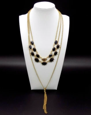 Lucky Brand Necklace Gold-tone Tassel Black & Brown Stones Layered 3-Row - Image 1 of 4