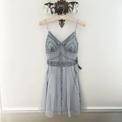 Mini Vestido Vintage Y2K Años 2000 Azul Gris Plata Cuentas Tul Foto 1 de 4