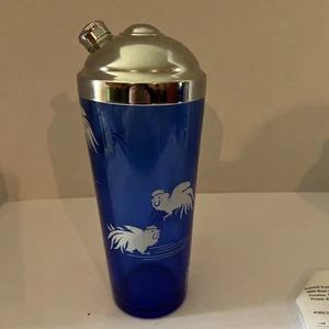 1930’s Cobalt Blue Cocktail Shaker Adorned With White Cockerels - Picture 1 of 6
