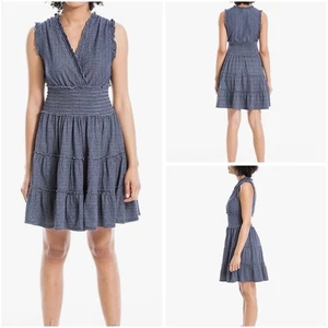 Mini abito Max Studio L a righe smocked bianco navy senza maniche Surplice nuovo con etichette $98 - Foto 1 di 16