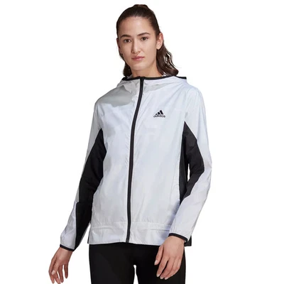 adidas AEROREADY Logo Womens Running Windbreaker White Black Zip Up Hooded M NWT - Image 1 of 4