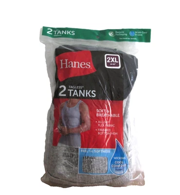 全新 Hanes 男式 2 件装柔软透气无标签 A 恤背心 2XL (50-52) — 第 1/3 张图片