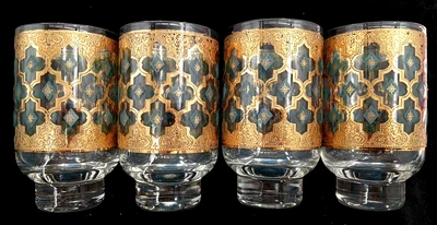 Vintage MCM 4 Culver Valencia ? Footed Cocktail Bar Glasses Green Gold 5" Tall - Image 1 of 4