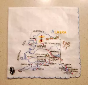 Pañuelo de recuerdo vintage del mapa del estado de Alaska bordado nuevo de stock con etiqueta Franshaw difícil de encontrar - Imagen 1 de 7