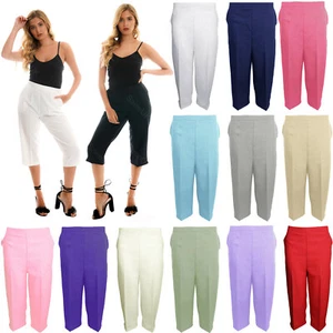 Ladies Womens Trousers Three Quarter Elasticated High Waisted 3/4 Cropped Pants - Picture 1 of 13