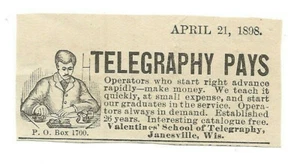 Janesville WI 1898 -Morse Code - Telegraphy Students Ad- Valentine’s School - Picture 1 of 2