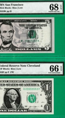$5  and  $1  Federal Reserve Notes MATCHING FANCY Serial Numbers 25555553 PMG 68 - Image 1 of 3