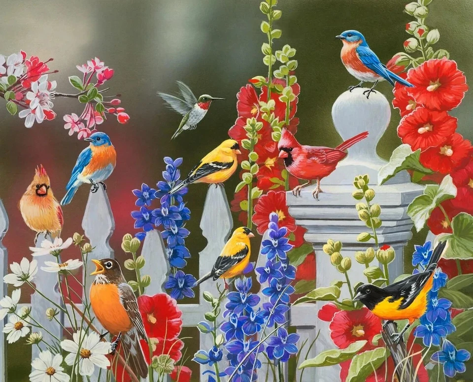 Spring Summer Theme Fabric Birds Fence Garden Digital Cotton David 35" Panel - Image 1 of 1