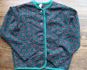 VTG MERINO WOOL Girls Cardigan Button Up Red And Green - Picture 1 of 5