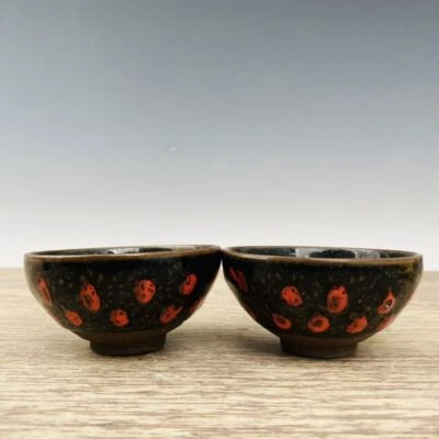 Taza de té jian horno dinastía Song de 3,7" porcelana un par de motas negras Fambe jianzhan Foto 1 de 4