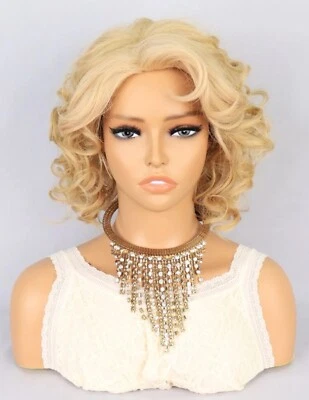 Perruque Synthétique Courte Blond Platine Doré A Frange Femme +4 Bonnet - Photo 1/4