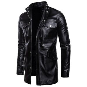 Mens Leather Jacket Slim fit Biker Motorcycle Trench Coat Stand collar Black New
