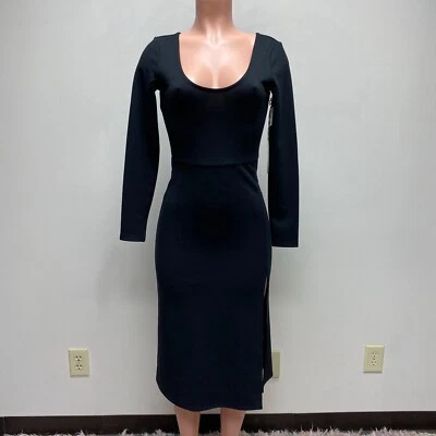 Leith Womens Black Solid Pullover Scoop Neck Long Sleeve Side Slit Midi Dress S - Image 1 of 4