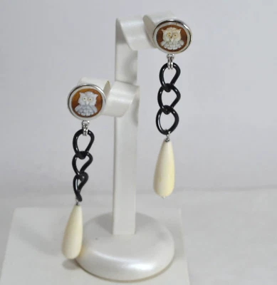 ORECCHINI  ARGENTO 925  CAMMEI AGATA NERA   PENDOLI DI OSSO AGHT 0397B - Immagine 1 di 3