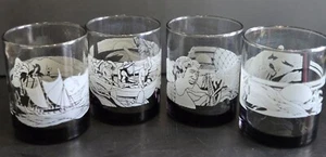 McDonalds Set of 4 Hawaii Smoke Lowball Drinking Glasses Etched Hawaiian Tiki - Picture 1 of 7