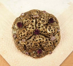 Vintage Art Deco Messing tschechische Brosche - Kostüm Schmuck filigran Strass Pin  - Bild 1 von 6