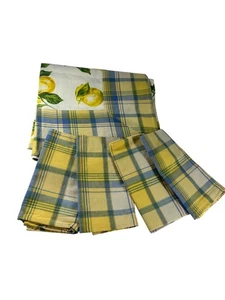 Natural Impressions Tablecloth 4 Napkins Blue Yellow Plaid Lemons Cotton - Picture 1 of 7