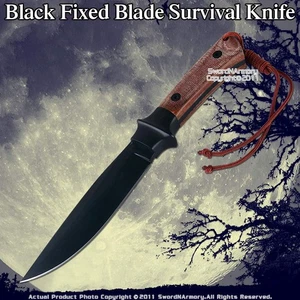 Black Fixed Blade Survival Knife W/ Sheath & Whet Stone - Picture 1 of 2