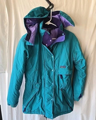Chaqueta Abrigo Largo Vintage Patagonia Para Mujer Verde Azulado Púrpura Cremallera Completa Talla 10 Con Capucha Foto 1 de 4