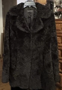 Pamela McCoy Black Faux Fur Tiger Mills Pile Long Coat Long Sleeve Loose Fit - Picture 1 of 15