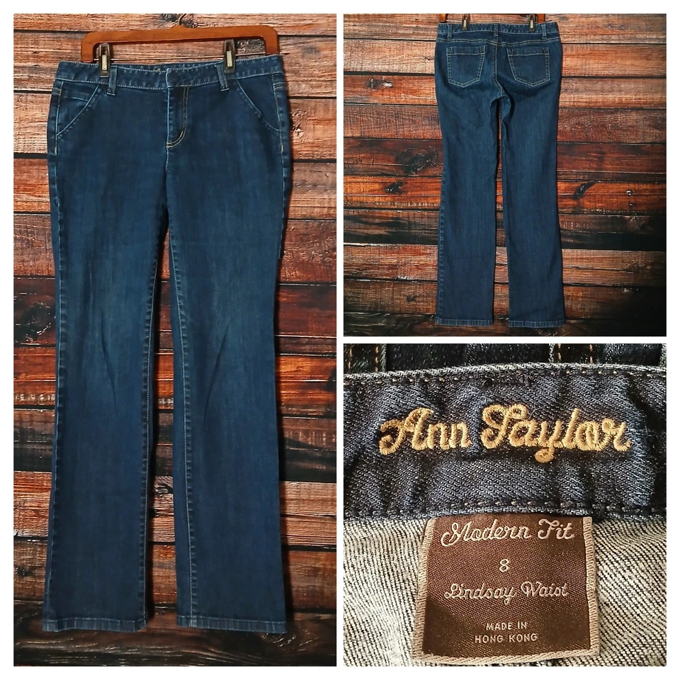 Jeans Ann Taylor tamanho 8 ajuste moderno Lindsay cintura baixa jeans escuro elástico - Imagem 1 de 4