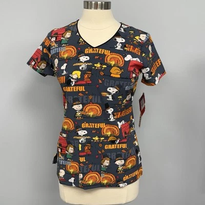 NWT Tooniforms Thanksgiving Scrub Top Peanuts Snoopy XXS Scrubs Cherokee Uniform - Image 1 of 4