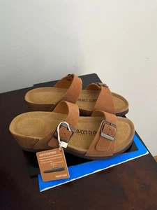 NEW WOMEN SIZE 5 PROJECT CLOUD BEAU WEDGE SANDALS-LEATHER-CORK COMFORT-CHESTNUT - Picture 1 of 7