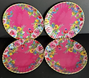 4 Pier 1 Imports Bright Pink Yellow Floral Melamine Scalloped Dinner Plates 11" - Picture 1 of 4