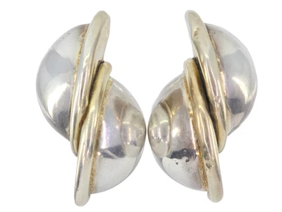 VINTAGE MODERNIST BET-AMI  2-TONE STERLING SILVER DOUBLE GLOBE CLIP EARRINGS 2" - Image 1 of 4