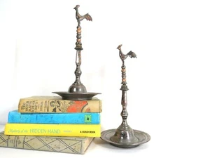 Vintage Rooster Stands Pair Chicken Incense Burners Silver Metallic Brass - Picture 1 of 12