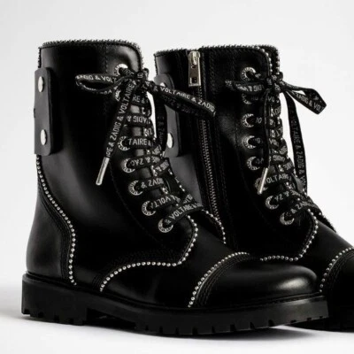 Novo na caixa Zadig & Voltaire Joe botas de tornozelo couro liso cravejado combate preto tamanho 41 - Imagem 1 de 4