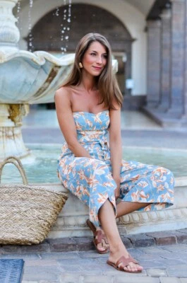 XY Ärmellos Overall Blau Orange Blumen Blatt Aufdruck Bandeau 12 8 40 - Bild 1 von 4