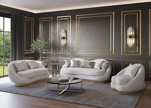NEW 3PC White Ivory Gold Sofa Fabric Contemporary Glam Luxe Living Room Set - Picture 1 of 10