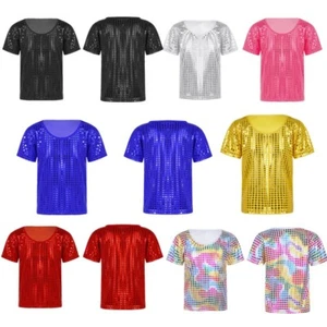 Kids Girls Boys Shiny Sequined Modern Dance Jazz T-Shirt Top Short Sleeve Shirts - Picture 1 of 79