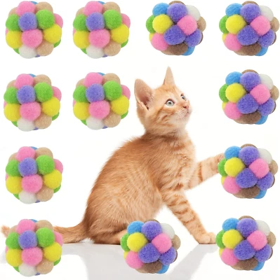 AQSXO 2 Inches Cat Toy Balls with Bell, Colorful Soft Fuzzy Balls, Cat Toys for