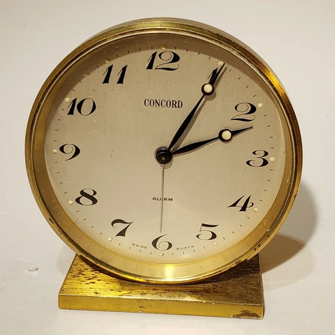 Vintage Concord Gold Tone Swiss Alarm Clock Heavy Brass Desk Sitter Working 3" Cover