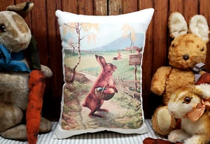 SWEET VINTAGE PRIMITIVE STYLE RABBIT BUNNY EGG EASTER BASKET FARM LANE PILLOW - Picture 1 of 10