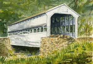 Knox Covered Bridge, Valley Forge PA. Summer landscape. Watercolor art notecards - Picture 1 of 2