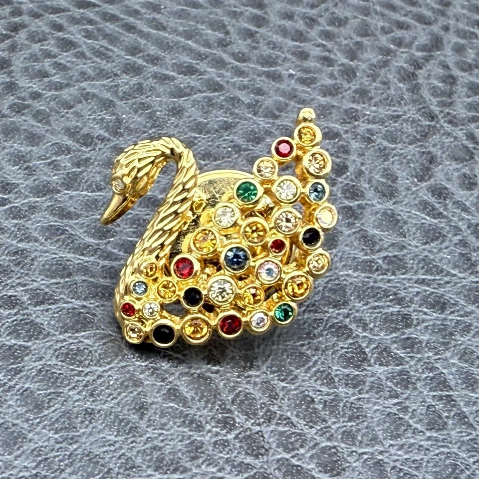 Swarovski Swan Lapel Pin Tie Tack Gold Tone Multicolor Rhinestone Crystal Bird - Image 1 of 4