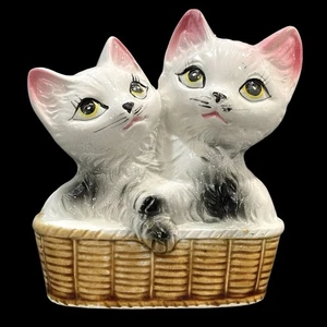 Vintage 1950s Basket Of Kittens Ceramic Figurine - Mid-Century Japan Kitschy Cat - Picture 1 of 7