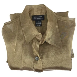 Limited London Paris New York Sheer Gold Button Up Long Sleeve Blouse Size 8 - Picture 1 of 4