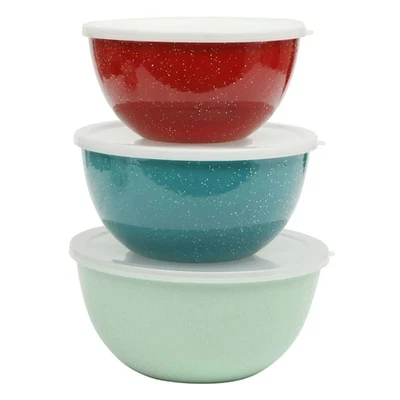 Tazones mezcladores Pioneer Woman esmaltados en acero tapas verde azulado Merlot lino moteado NUEVO Foto 1 de 4