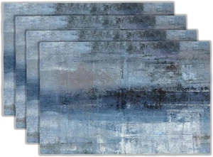 Modern Art Placemats Set Of 4 Blue And Grey Abstract Paint Art Linen Washable Pl - Picture 1 of 7