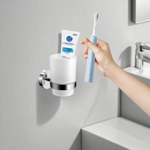 Soporte para cepillo de dientes vaso montado en la pared accesorio de baño moderno vidrio cromado - Imagen 1 de 5