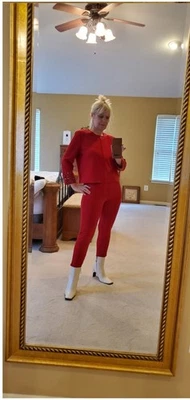 ANNE KLEIN Noche 2 Piezas Pantalones Ajustados/Chaqueta Cremallera Traje Rojo Tejido Adornado Talla 8  Foto 1 de 4